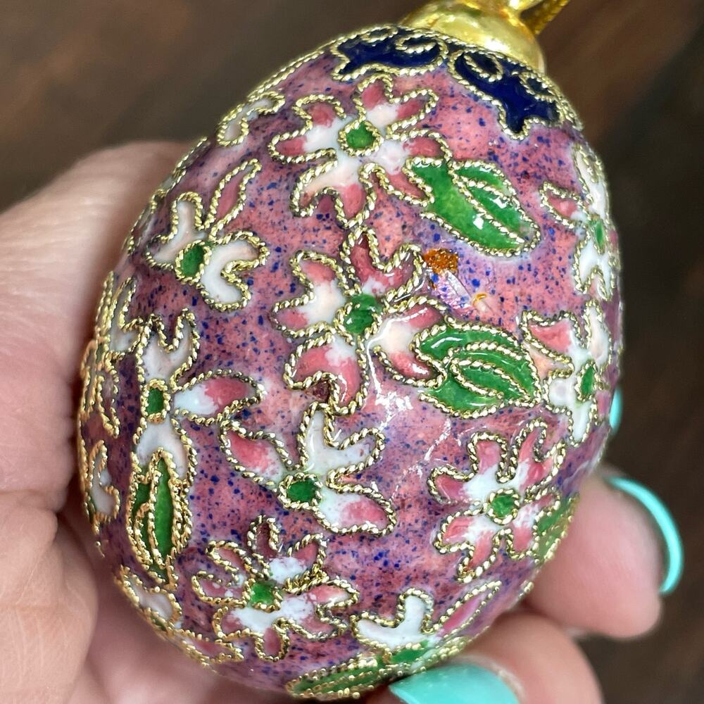 Vintage Cloisonne Egg Ornament Enamel & Gold Trim Floral Embellished Flowers